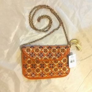 NWT Orange Beaded Embroidered Crossbody Bag Orange Pumpkin Gold Rust Geometric